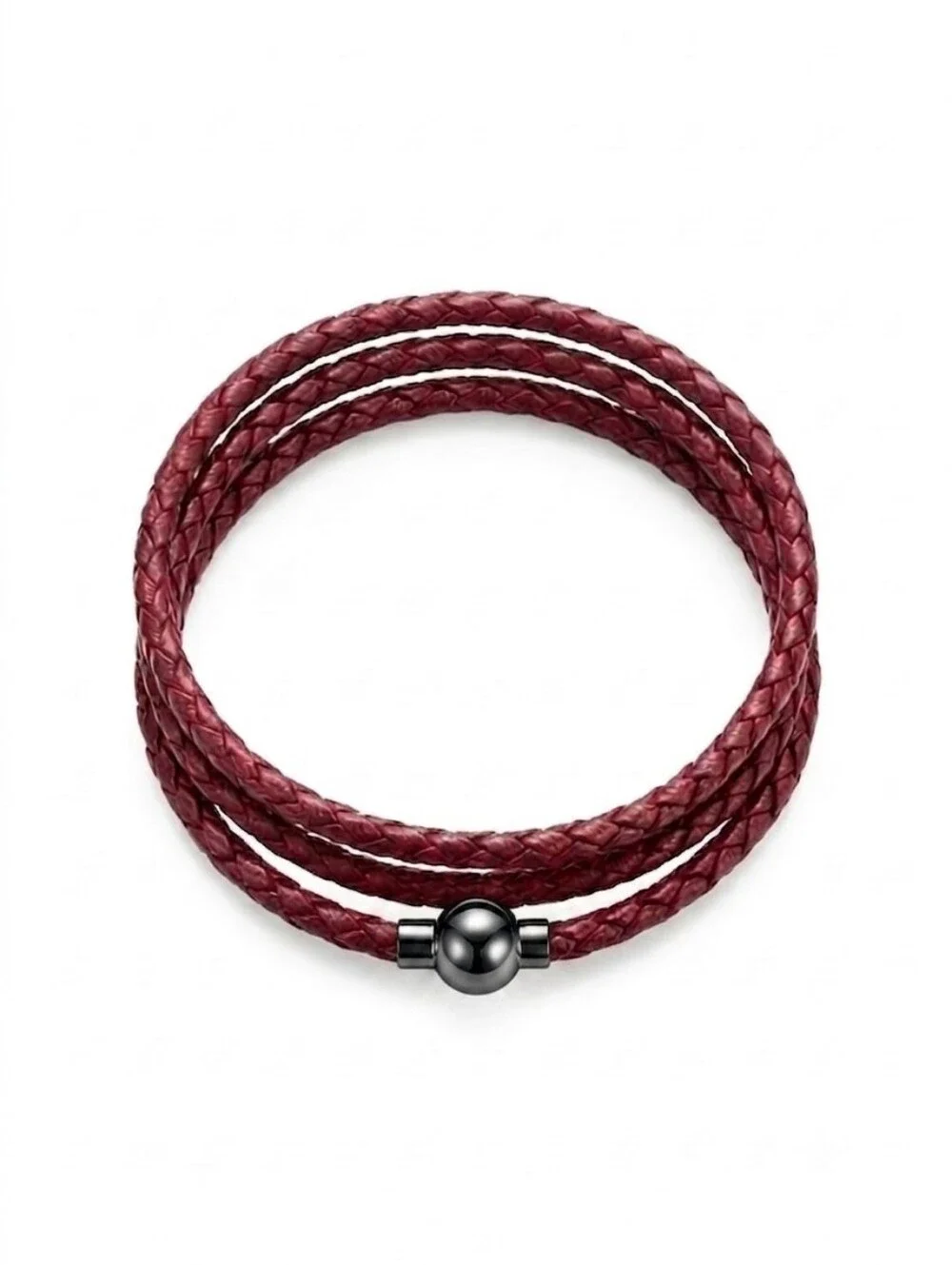 Linx Triple Wrap Burgundy Leather Braided Bracelet with Black Magnetic Clasp